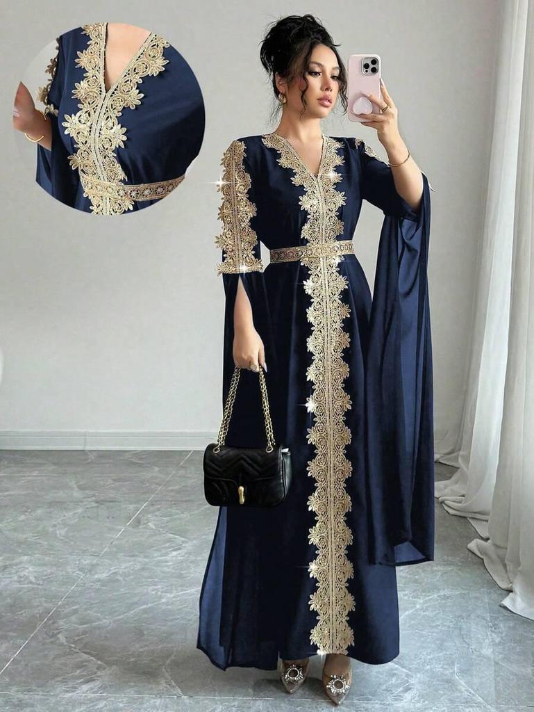 Elegante Abito Formale a Maniche Lunghe Ricamato con Scollo a V