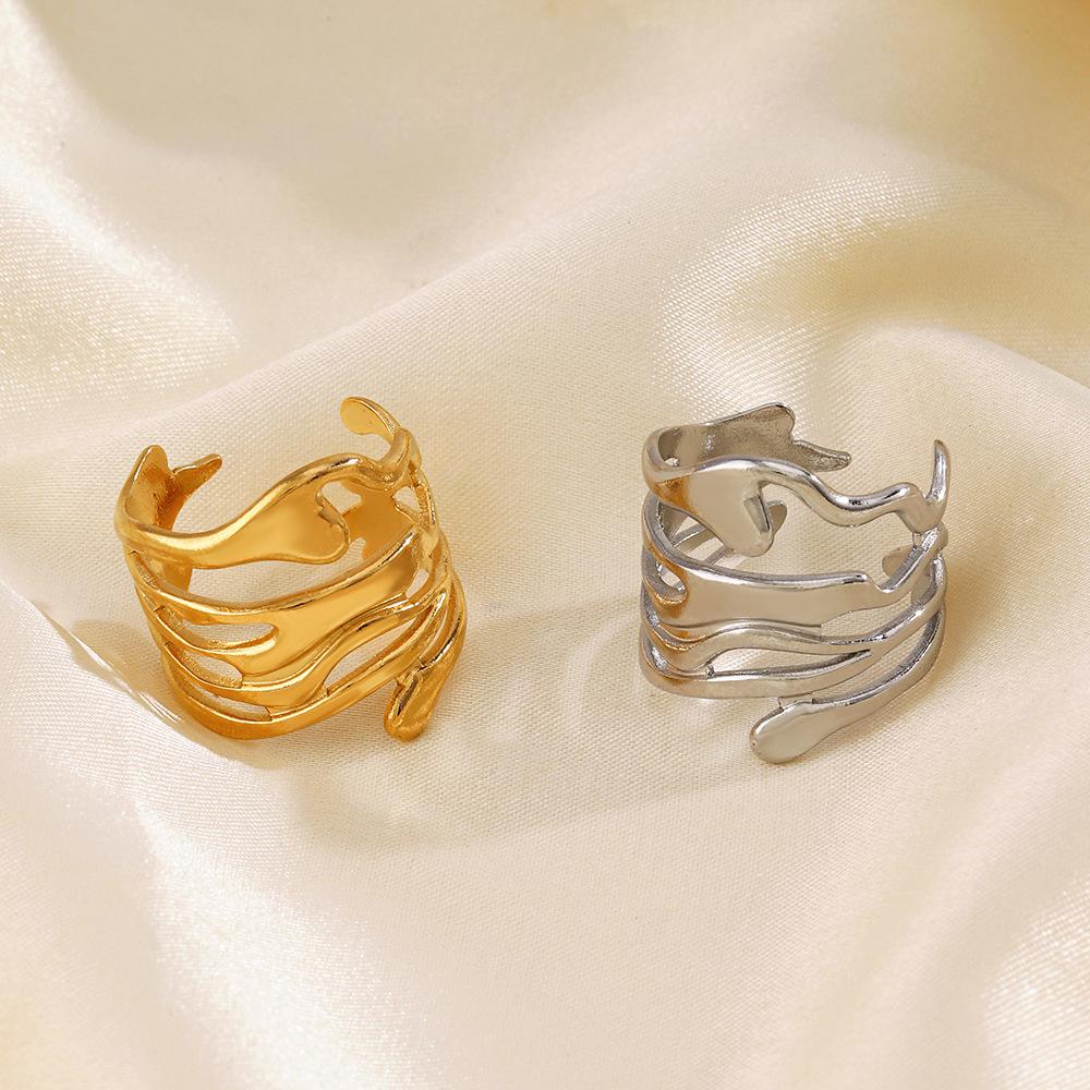 Stainless Steel Lava Irregular Hollow Ring for Women Metal Texture Waterproof Daily Simple Stylish Golden Rings Jewelry