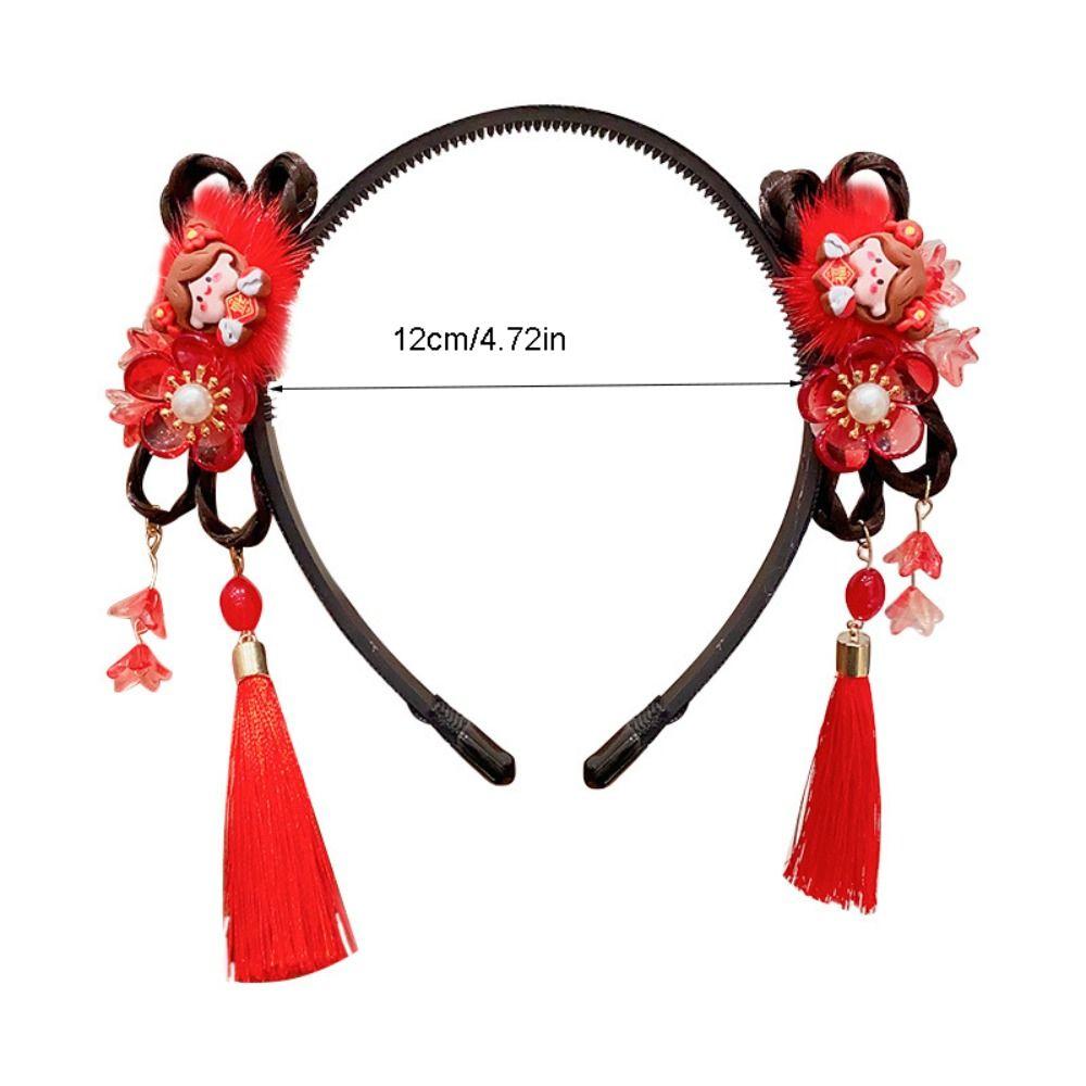 Red Flower Tassel Headband Pearl New Year Headwear Cute Hanfu Wig Headband  Children