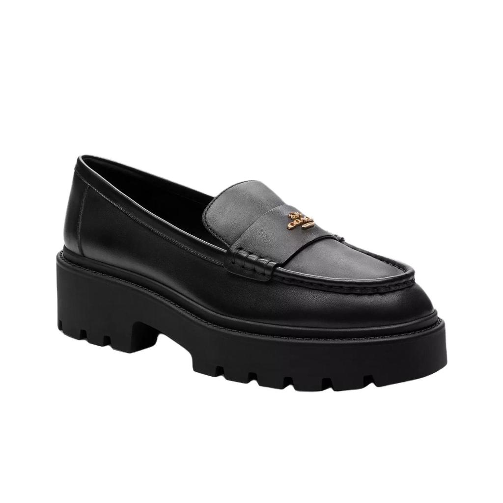 Coach Lucy Leather Round Toe Slip-On Loafers Chunky Heels 5Cm Women Loafers Black CCH95-BLK