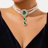 IngeSight.Z Vintage Multi-layer Imitation Pearl Beaded Choker Necklace Women Luxury Green Rhinestone Droplet Long Necklace