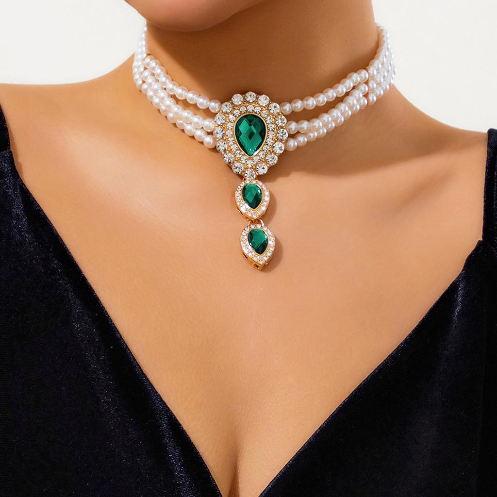 IngeSight.Z Vintage Multi-layer Imitation Pearl Beaded Choker Necklace Women Luxury Green Rhinestone Droplet Long Necklace