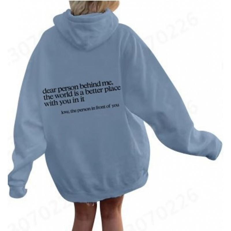 Womens Oversized Hooded Sweatshirt With Kangaroo Pocket Letter Print Short Sleeve Loose Fit