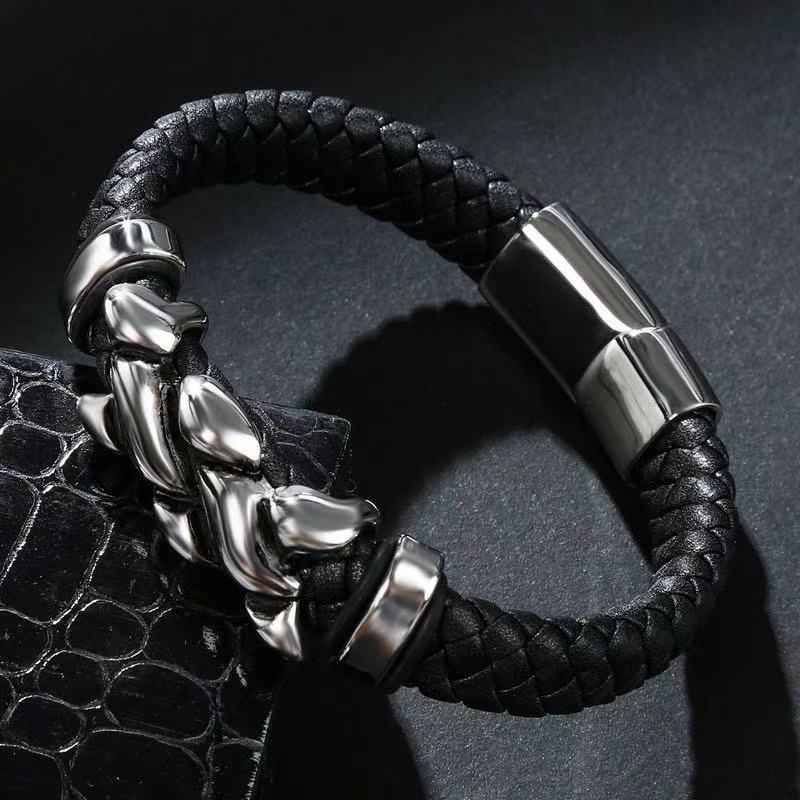 European/American Hip-Hop Punk Leather Woven Bracelet with Stainless Steel Flame Design