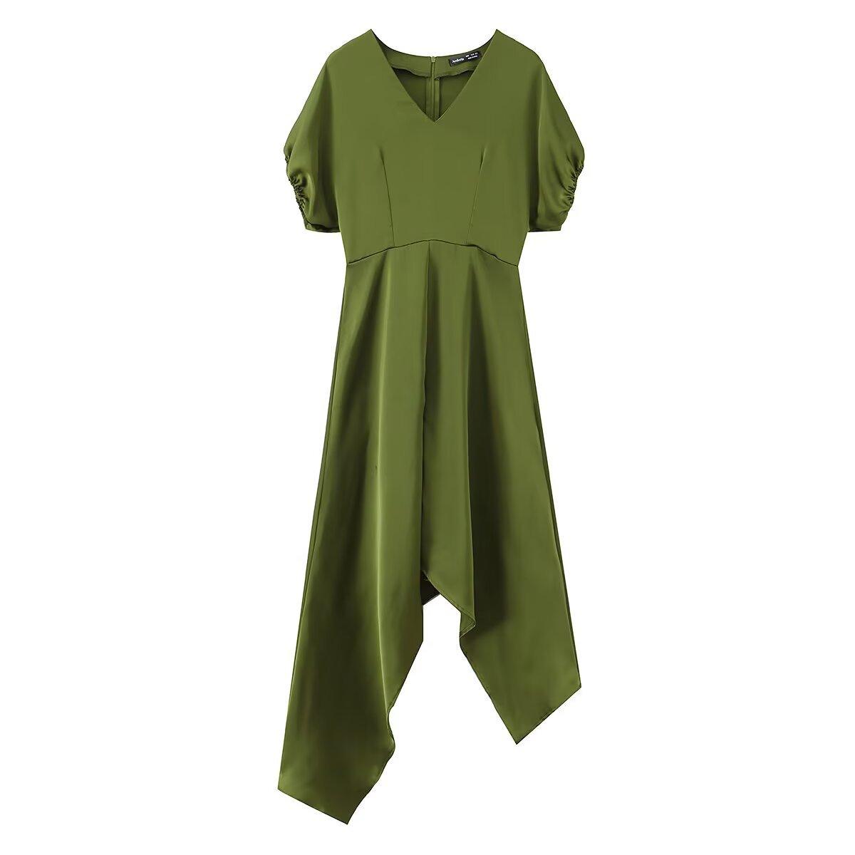 European and American style, new women s clothing, foreign style, fashionable asymmetrical hem short-sleeved V-neck dress S зелёный