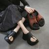 Frühling Neue Echte Leder Runde Spitze Seitenreißverschluss Klobiger Absatz Sandalen Damen Bequeme Laufschuhe