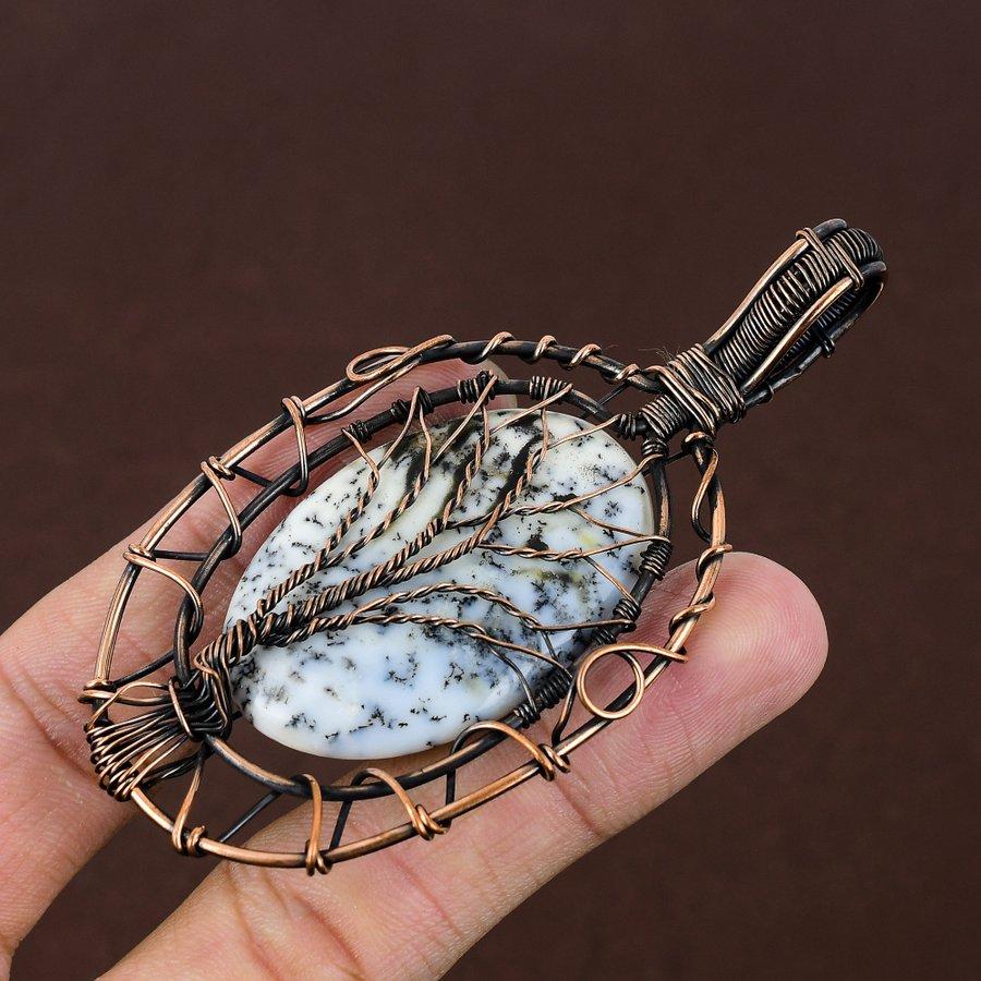 Natural Dendrite Opal Gemstone Handmade Copper Wire Wrap Pendant 3.55" T8o01