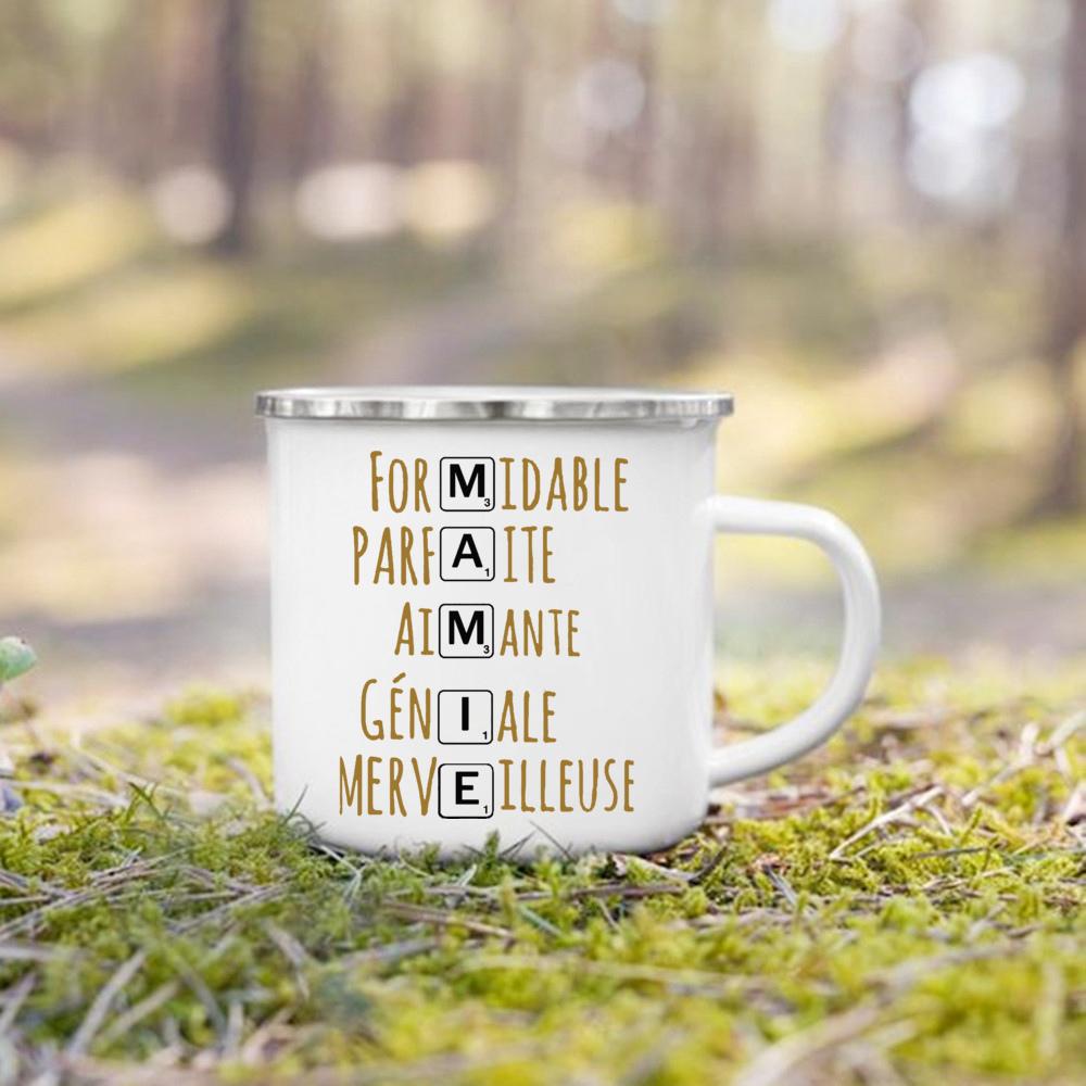 Super Papy Mamie Print Enamel Mug Creative Coffee Cups Drinks Water Milk Cup Enamel Mug Home Drinkware Gifts for Grandma Grandpa