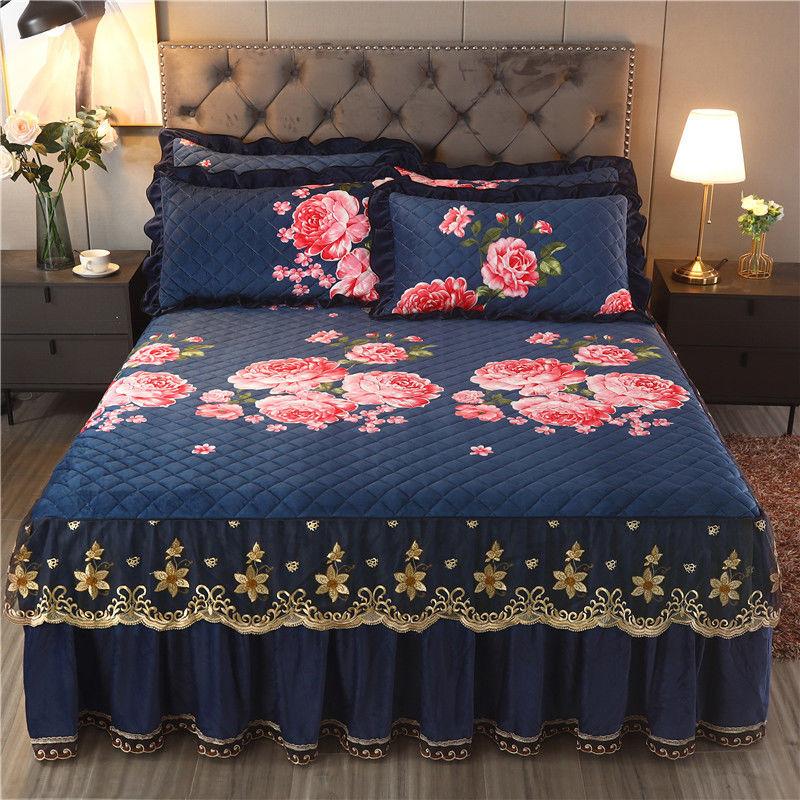 Hochwertiger, luxuriöser, weicher Bettrock, Winter-Plüsch, dick gesteppt, Bettdecke, Rock, King-Size-Bett, Pad-Tagesdecke, inklusive Kissenbezug
