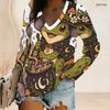 Women Plus Size V Neck Long Sleeve Halloween Mushroom Ghost Print Top