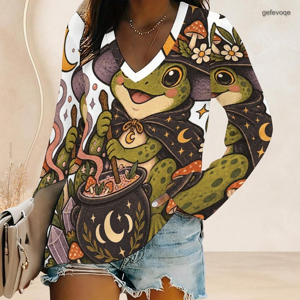 Women Plus Size V Neck Long Sleeve Halloween Mushroom Ghost Print Top