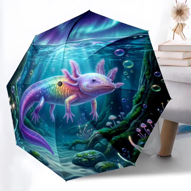 1pc Sturdy 8-Bone Auto Umbrella, Ethereal Axolotl Aurora Bloom Umbrella, Digital Printed, Foldable Umbrella for On-the-Go Outdoor Use