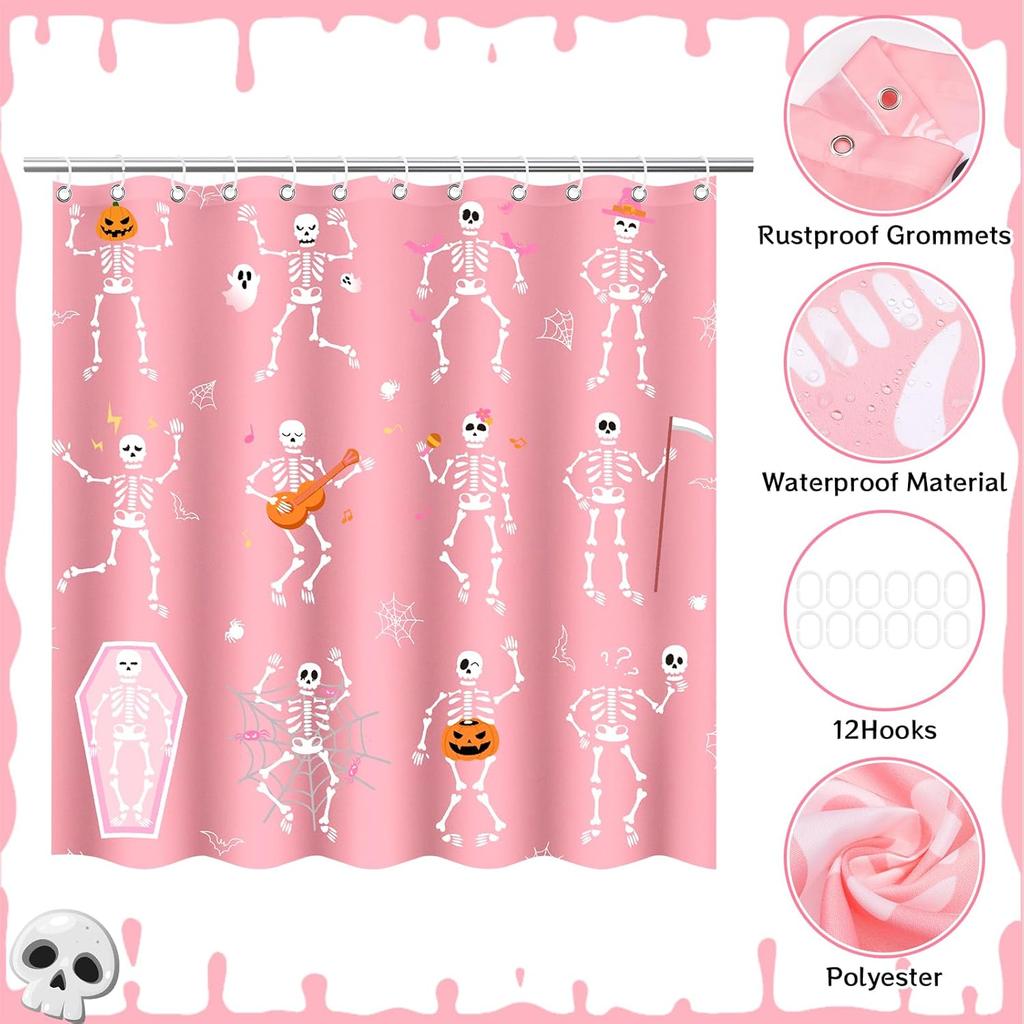 Halloween Shower Curtain, Pink Skeleton Shower Curtain, Waterproof Funny Skull Shower Curtains for Bathroom,Day of The Dead