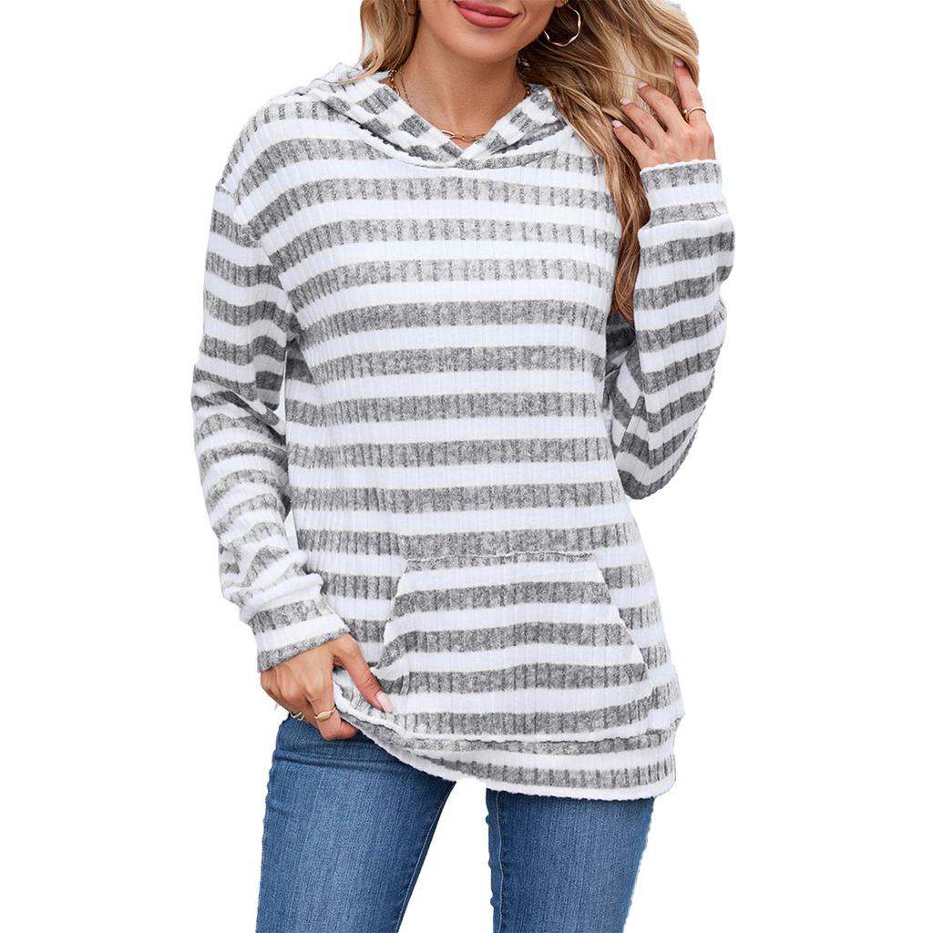 Women's Fashionable Casual Striped Hooded Pocket Loose Long Sleeved Pullover Top