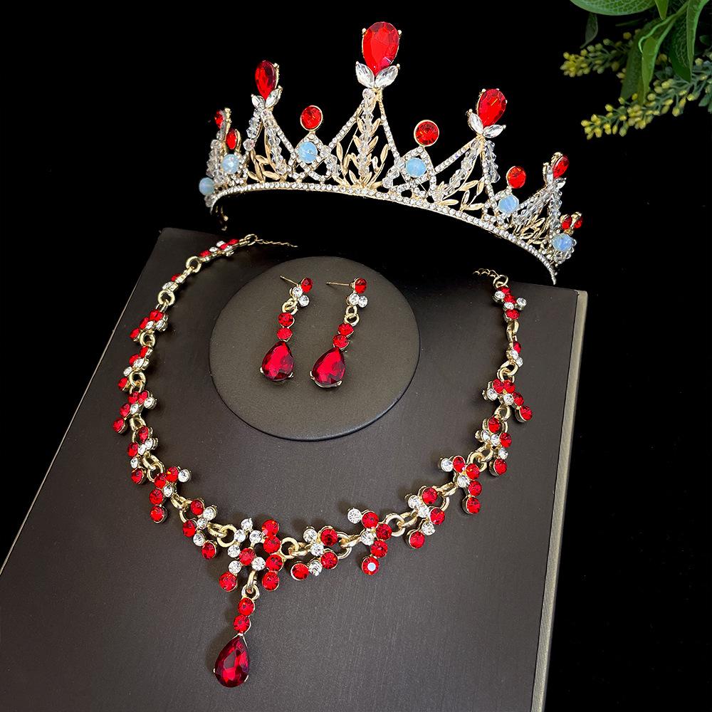 Red Bride's Crown Three Piece Set Wedding Crown  Headwear  Necklace  Earrings Korean Style Super Fairy Wedding Dress Accessories