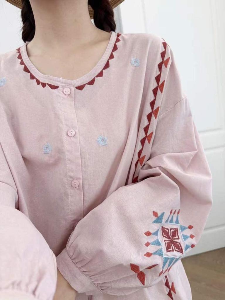 2025 Spring Retro Ethnic Embroidered Stand Collar Oversized Women's Cardigan Long Sleeve Shirt