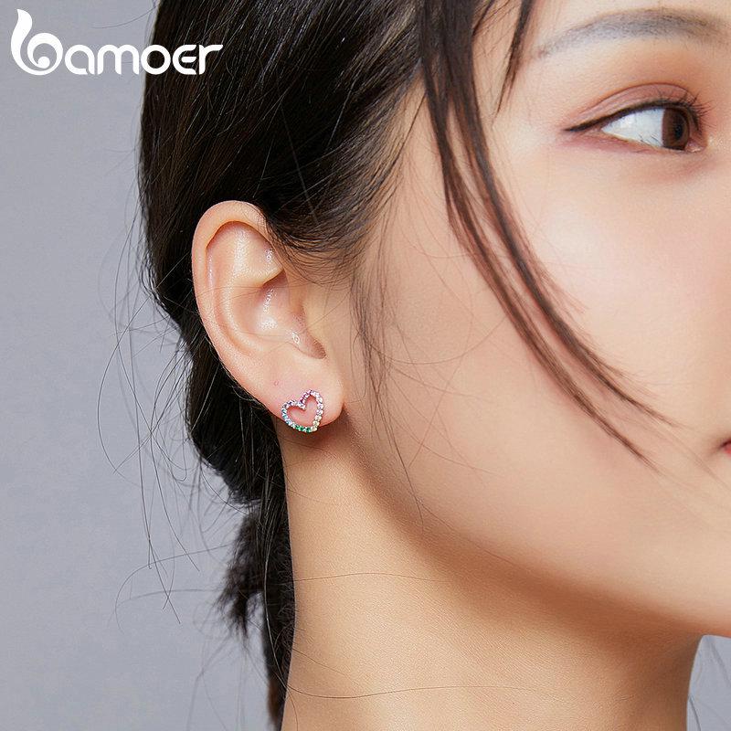Bamoer Pink Heart Stud Earrings for Women 925 Sterling Silver Rainbow Amour Ear Studs Jewelry Gift