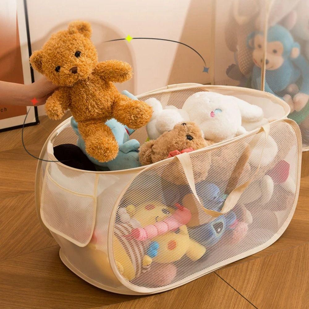 Portable Folding Laundry Basket Mesh Household Storage Bag Practical Dirty Clothes Bag Living Room