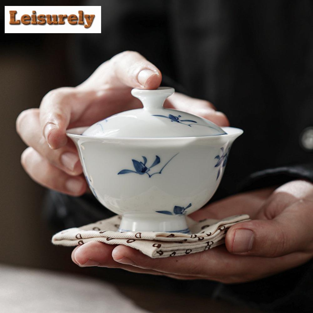 120ml čistě ručně malovaná motýlí orchidej gaiwan bílý porcelán vysoké nohy čajová mísa čajový obal miska čínský čajový set řemeslné výrobky
