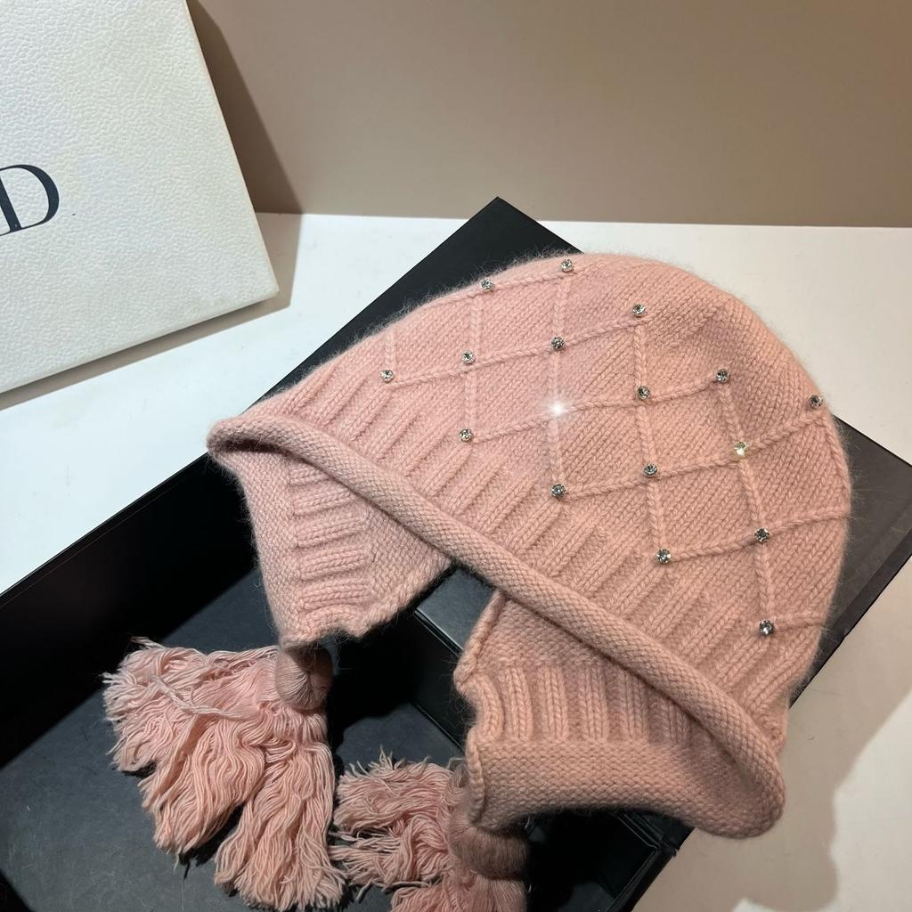 Xiaoxiangfeng Rhombus Rabbit Velvet Knitted Hat Angora Rabbit Hair Warm Soft Waxy Ear Protection Hat Rhinestone Fringed Baotou Hat Winter
