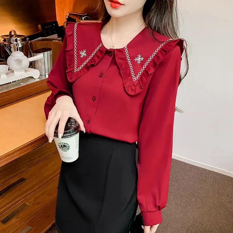 Women s Red Peter Pan Collar Blouse Long Sleeve Embroidered Ruffle Button Down Shirt S красный