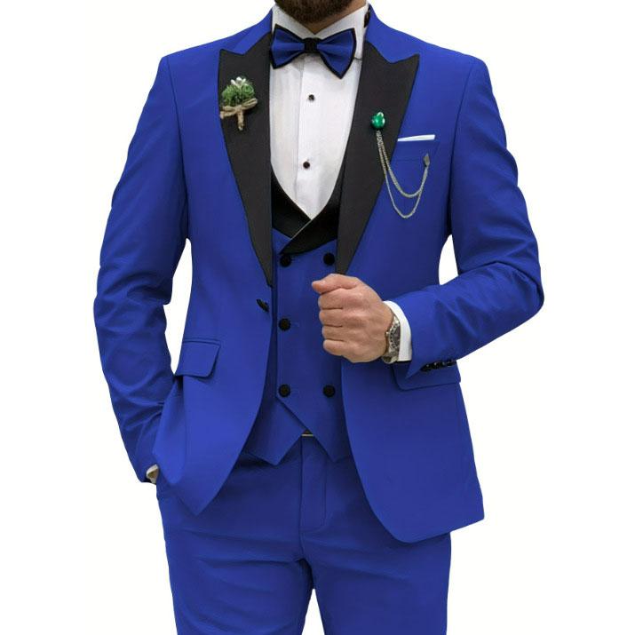 3 Pieces Men's Suits Royal Blue Men Slim Fit Double Breasted Suit Wedding Prom Party Business(Blazer Vest Pants)