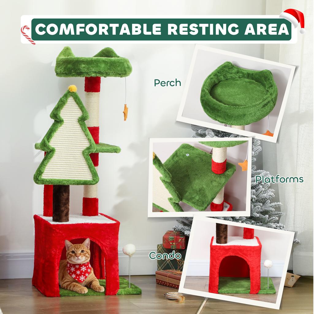 Christmas Cat Tree, 120cm Cat Tower with Scratching Post & Board, Platform, Toys, Green