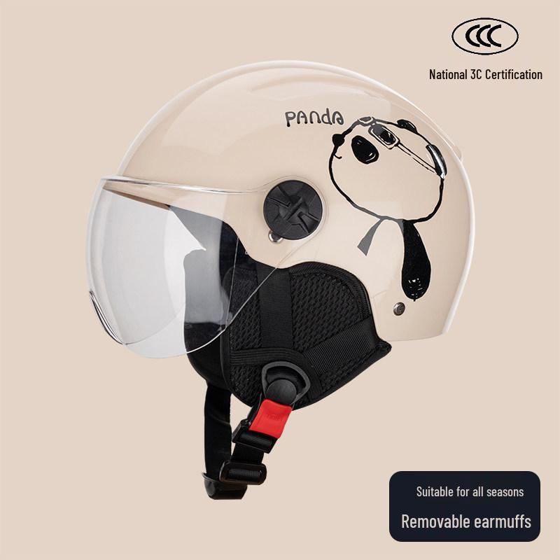 Certified Cute Panda Electric Vehicle Helmet for All Seasons - Unisex Motorcycle & Scooter Half Helmet
