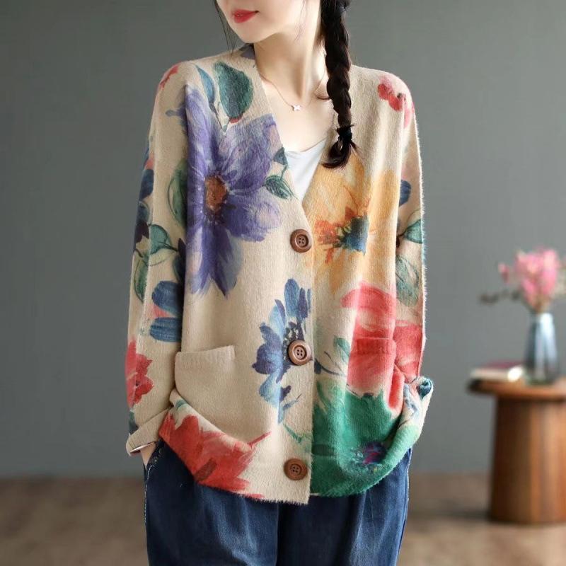 

Autumn Winter Watercolor Floral Print Knit Cardigan V-Neck Button Down Loose Sweater Pockets L