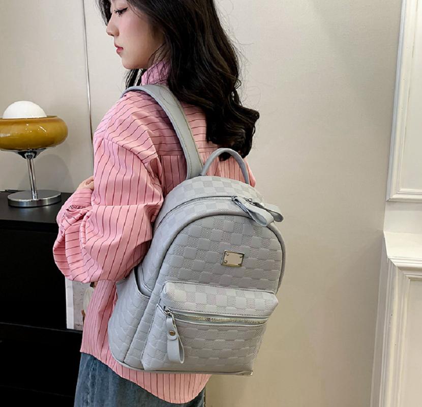 Neue Damen Mode Kariertes Leder Doppelreißverschluss Schultertaschen Hohe Kapazität Reise Rucksack Schultasche Weibliche Lässige Rucksäcke