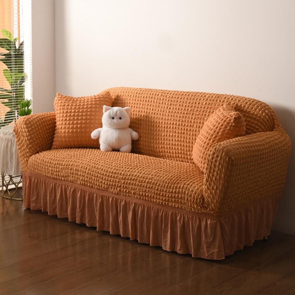 Thick Elastic Bubble Gauze Sofa Cover with Lace Full Wrap Slip Proof for Chaise Lounge Sectional Sofa