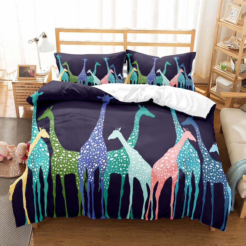 Farbenfrohe Giraffe Bettbezug-Set Niedliches Wildtiermuster Polyester Bettdeckenbezug Einzel-Doppelgröße für Kinder Bettwäsche-Set
