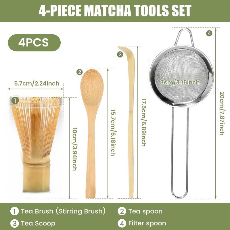 4Pcs Matcha Whisk Set Plastic Matcha Whisk Traditional Bamboo Wood Tea Scoop Deep Scoop Tea Strainer Clear Whisk
