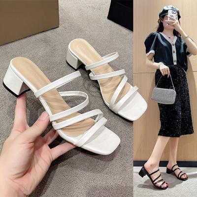 2025 New Black Strappy Sandals Fairy Fairy Wind Mid-heeled Cool Slippers Female Outer Thick Heel with Women's Shoes