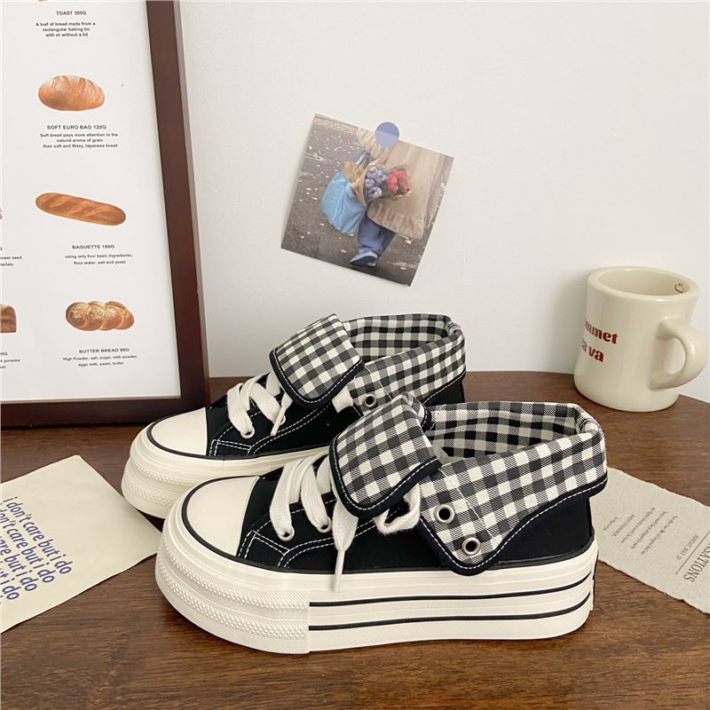 Niche Design Plaid High-top Flip Canvas Shoes Women's Spring and Autumn Popular Thick-soled Casual Breathable Versatile Board Shoes