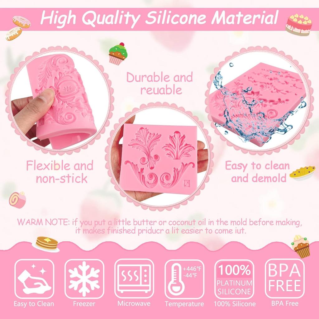 Baroque Fondant Molds for Cake Decorating (3 pcs) Baroque Scroll Border Silicone Molds, Feather Chocolate Candy Molds for Cupcake Toppers, Sugar
