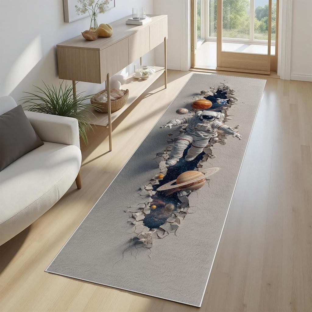 3D Optical Illusion Space Scene Runner Rug Astronaut Planet Sci-Fi Theme Carpet Non-Slip Hallway Mat for Living Room Bedside