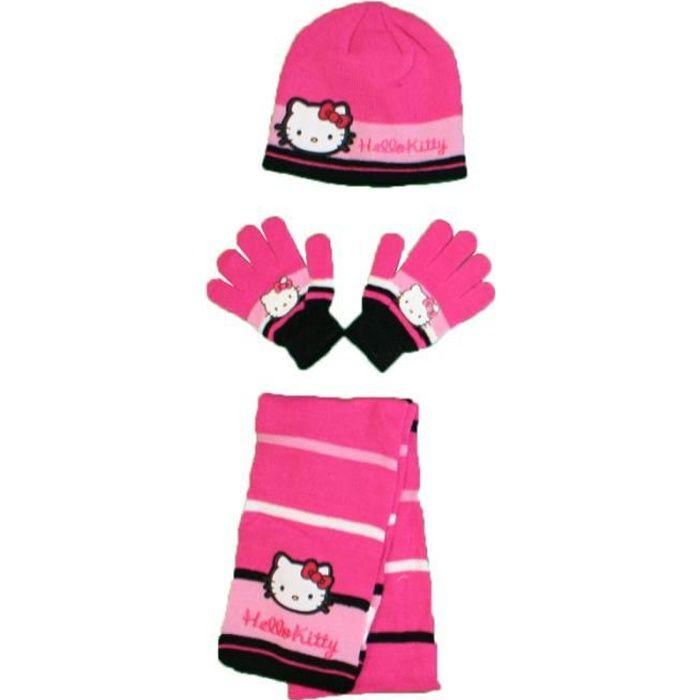Ensemble bonnet + gants + écharpe - Hello Kitty - Unique - 100% Acrylique - Hiver - Fille