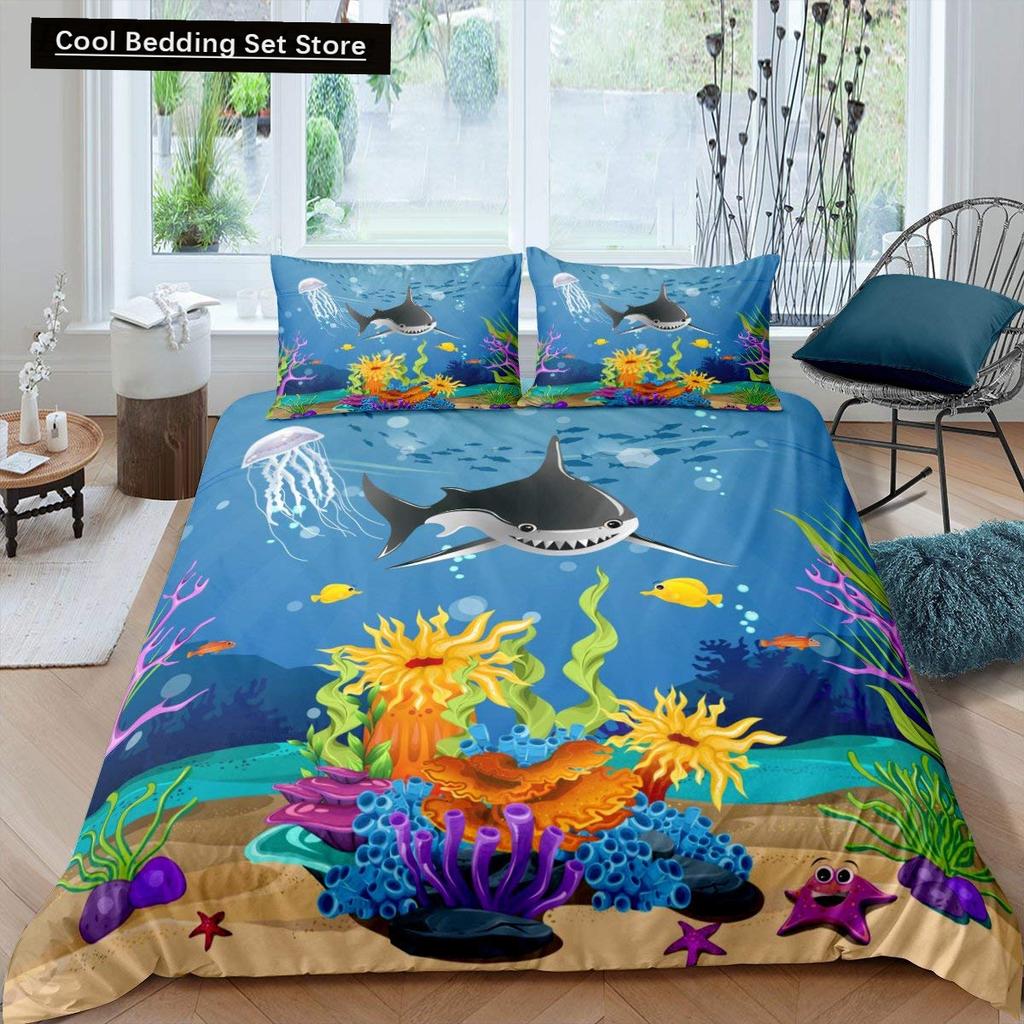 Kids Cartoon Ocean Animal King Queen Bedding Set Underwater World Duvet Cover Marine Life Quilt Cover Polyester Comforter Cover