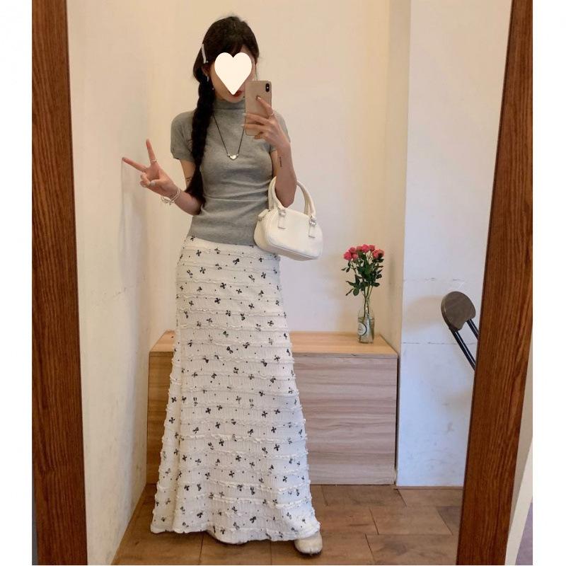 White bow print floral fishtail skirt women's summer half-body hip-wrapped dress small man