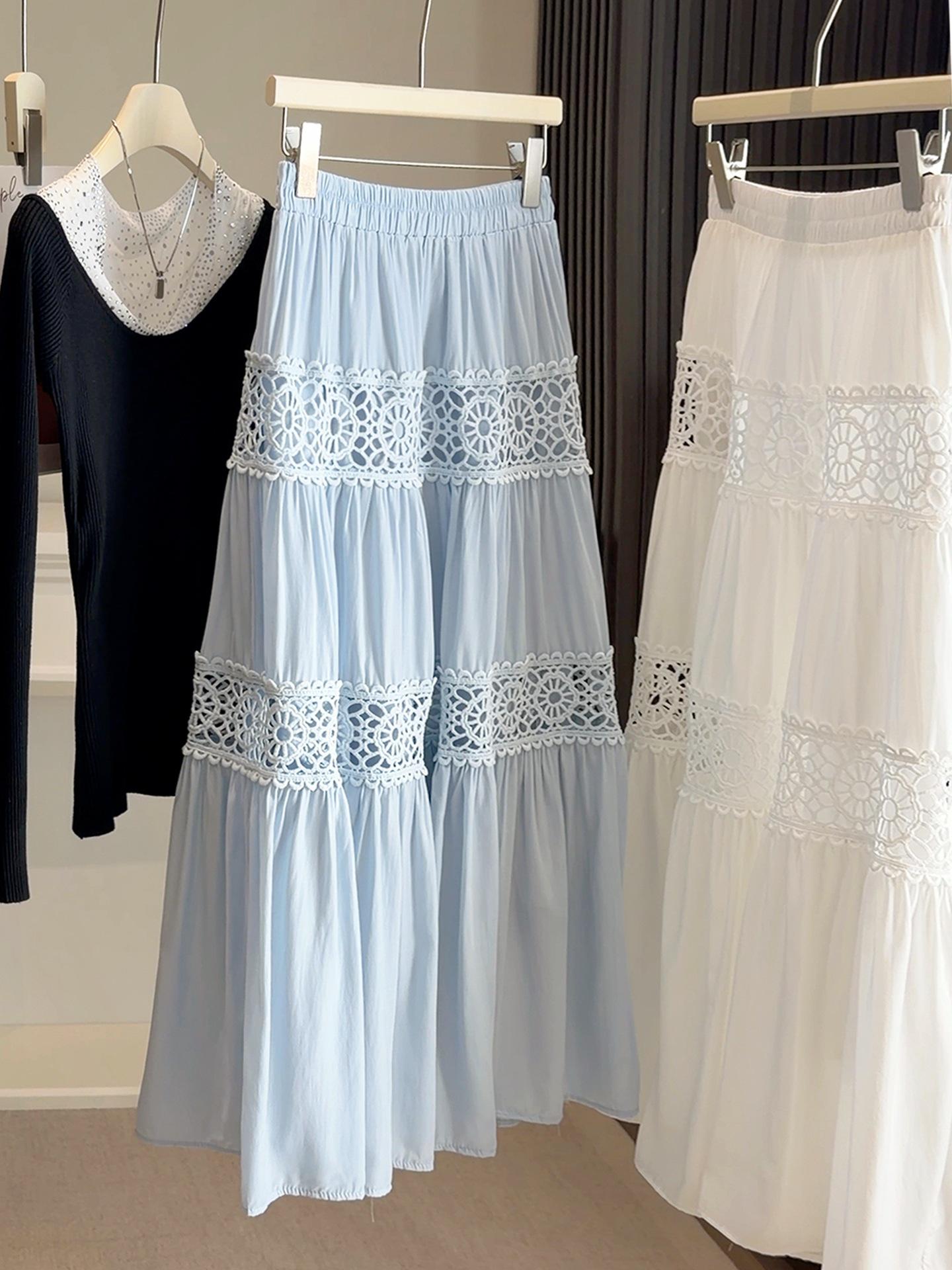 Korean White Lace A-line Skirt - Women s Spring/Summer Textured Long Skirt One Size синий
