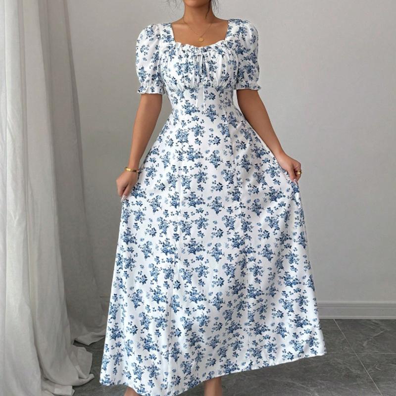 

Ruffle Edge Dress Women Puff Sleeves Printed Slim Fit Spring Summer Size S-XXL S белый
