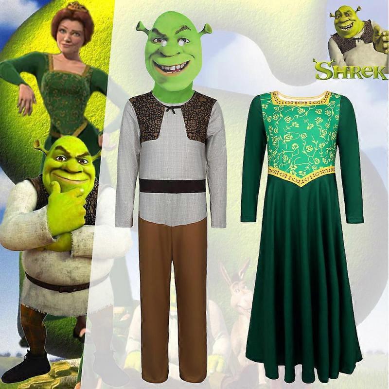 Halloween Shrek Fiona Princess Cosplay Green Dress Costume for Kids Adults Unisex Party Outfit