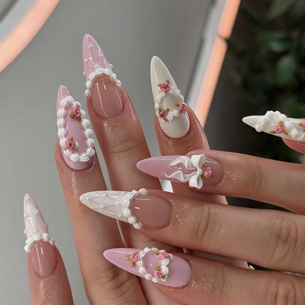 24PCS Edgy Black Almond Press on False Nails Sweet Floral Rose Simple 3D Bowknot Fake Nails for Women Ins Nail Manicure Finished
