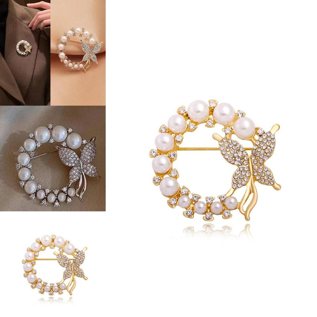 Stylish And Elegant Silver And Gold Butterfly Brooch With Rhinestones And Pearls For Women