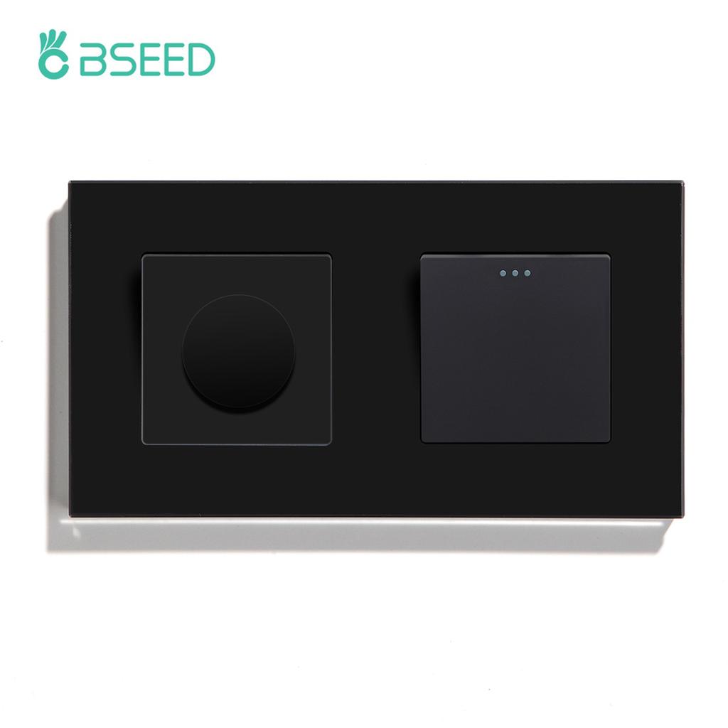 BSEED Mechanical Dimmer Fan Switch With 1/2/3Gang Wall Light Switches EU Socket USB Type-c Power Ports  2.1A Glass Panel