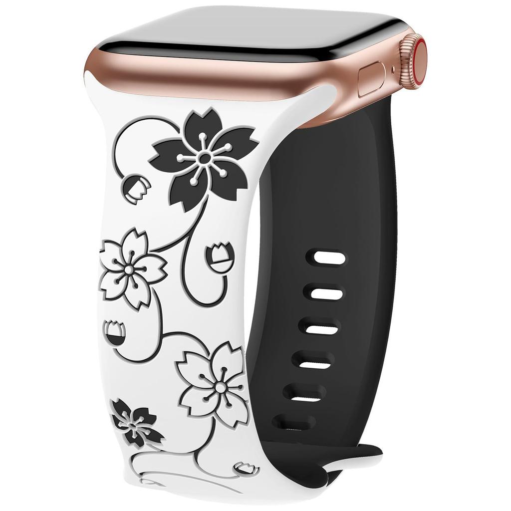 Compatible with Apple Watch: Laser Engraved Two-Color Floral Butterfly Silicone Strap with 3D Design