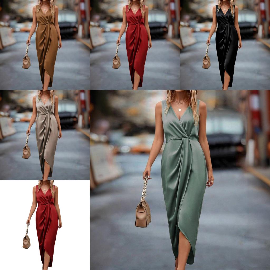 Elegant V Neck Sleeveless Long Dress With Asymmetric Hem For Formal Events
