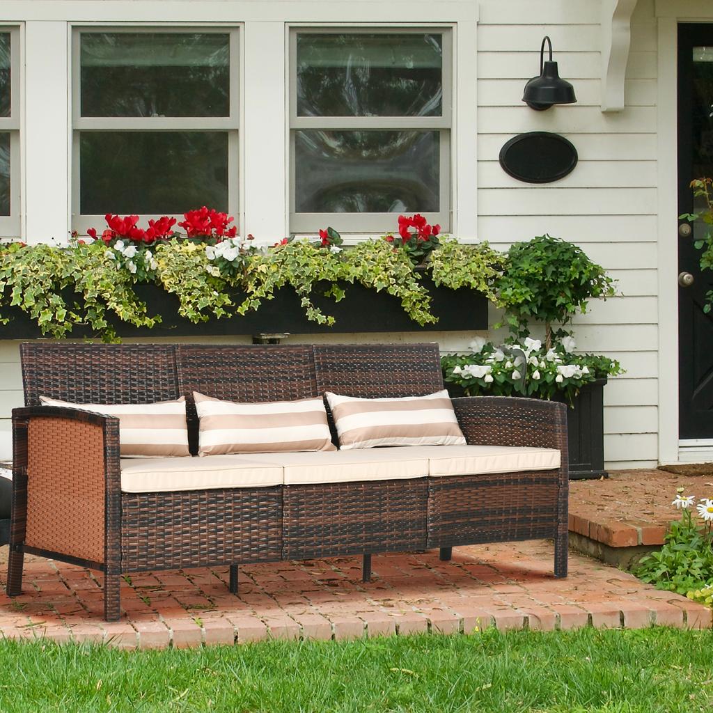 Rattan Sofa with Cushions, Three-Seater, Garden Lounge Sofa, Steel, Brown, 173 x 68 x 78 cm