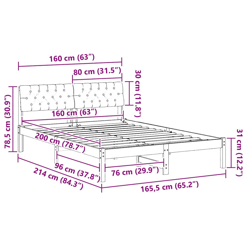 Brown and Black Bed Frame 160 x 200 cm Solid Pine Wood
